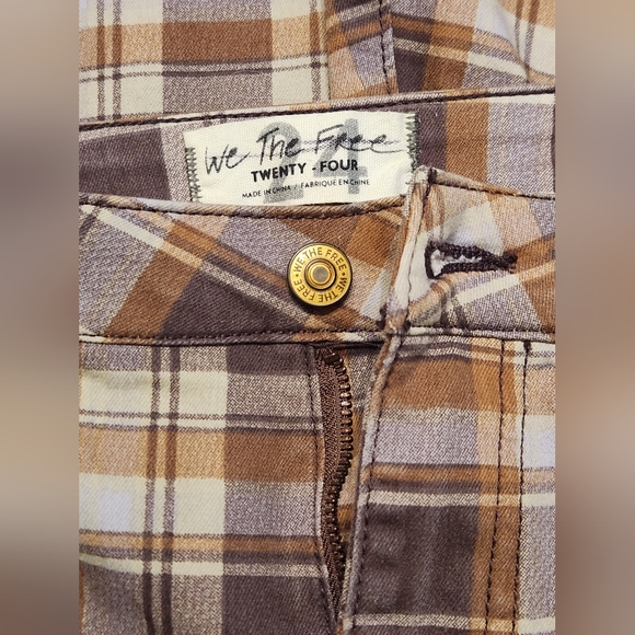 FREE PEOPLE WOMAN JUST FLOAT ON FLARE JEANS PLAID DARK CHOCOLATE COMBO SZ 24 EUC - Picture 5 of 6